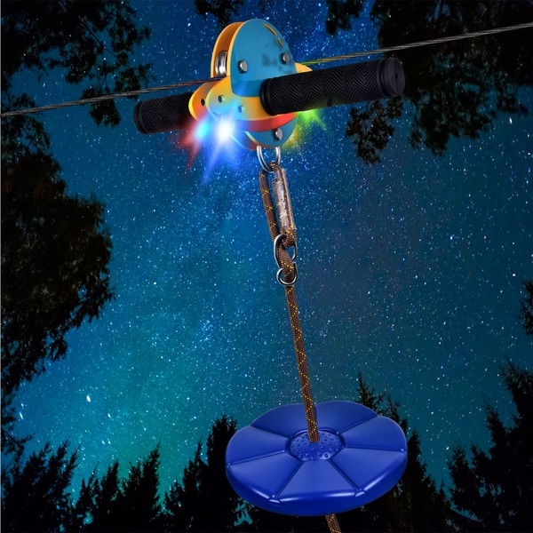 100FT Zip Lines for Kids and Adults Outdoor, ZEROMX Zipline Kits for Backyard Up to 330 LBS with UFO Light Up Zipline Trolley and Thickened Zipline seat,for Kids Outdoor Toys