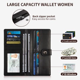 Kamo Slim RFID Blocking Leather Wallet for Women - Bifold Compact Purse with Zippered Coin Pocket & Card Slots (Black)
