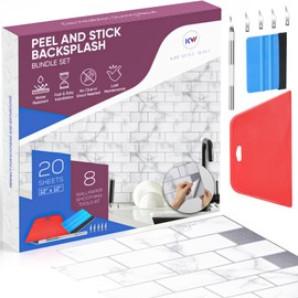 Peel and Stick Backsplash Tile for Kitchen Wall, 12” x 12” Stick On Backsplash Bundle Set with Wallpaper Smoothing Tool Kits for Kitchen or Bathroom with 3D Glass Tile Looks
