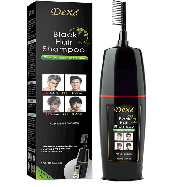 Dexe Ammonia Free Organic Professional Permanent Black Hair Dye Shampoo 180ml to Cover 100% White Hair with Comb