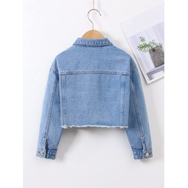 Verdusa Girl's Raw Hem Crop Denim Jacket Long Sleeve Shacket Single Breasted Spring Fall Outerwear Light Blue 9 Years