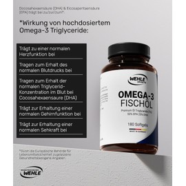 Omega 3 Capsules High Dose Triglyceride Fish Oil - Fish Oil Soft Gel 500mg EPA 250mg DHA without Vitamin E Omega-3 Fatty Acids - Elaborately Cleaned and From Sustainable Fishing (180 Capsules)
