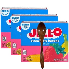 Gelatin Dessert Mix, 0.3 oz Box (Pack of 3) with Candy Freezer Wooden Spoon (Zero Sugar Strawberry Banana) - Wooden Spoon