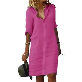 Fronage Women's Casual Cotton Linen Dress Button Up V Neck 1/2 Sleeve Tshirt Midi Dresses Beach Summer 2024 Hot Pink, M