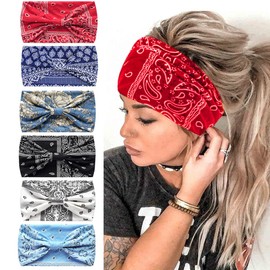 HUANMAYE 6Pcs Bandana Sports Headbands for Women Non Slip Wide Hairbands Elastic Sweat Fabric Hair Scarf Floral Printed African Headband for Running Yoga Accessories for Women (6SCashew)