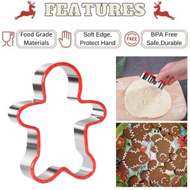 5 Pieces Christmas Cookie Cutter Set Stainless Steel Gingerbread Man,Snowflake,Christmas Tree,Snowman and Reindeer Shape with Soft PVC Edge Xmas Cookie Cutters for Holiday Baking (Christmas)