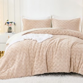 MOVE OVER Faux Fur Comforter Set Queen Size Fuzzy Comforter Set Ultra Soft and Warm Beige Comforter Sets for Winter 3 Pieces Plush Faux Fur Bedding Set for Air-Conditioned Bedroom