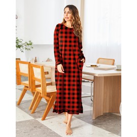 Ekouaer Women's Nightshirt Long Sleeve Nightgown Round Neck Sleepwear Full Length Pajama Dress with Pockets Christmas Plaid 2XL