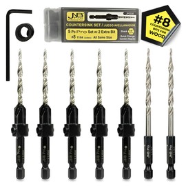 JNB Pro Countersink Drill Bit Set for Woodworking – #8 Wood Screw Pilot Hole Set, 5pcs 4-Flute M2 HSS, 1/4" Hex Changeover, Depth Collar Includes 2 Free Tapered Drill Bits for Drilling, 11/64"