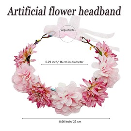 Yheahin Adjustable Flower Crown Floral Headpiece for Women Handmade Floral Wreath Hair Band Beach Bridal Wedding Flower Headband Festival Photo Props (Pink, Adjustable)