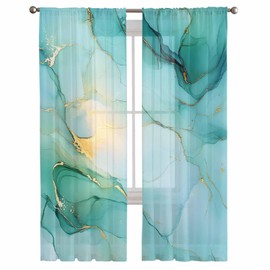 Teal Turquoise Marble Sheer Curtains 84 Inches Long 2 Panels Set, Nature Marble Crack Ombre Art Window Sheer Curtains for Living Room/Bedroom, Light Filtering Rod Pocket Curtain 52'' x 84'' x 2