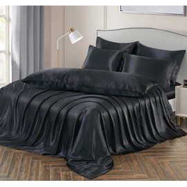 Ersmak 7 Pieces Satin Sheets Set King Size, Luxury Silky Black Satin Bed Sheets Set with 1 Deep Pocket Fitted Sheet, 1 Soft Flat Sheet, 4 King Pillowcases and 1 Body Pillowcase