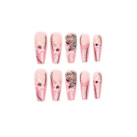 BABALAL Coffin Press on Nails Long French Fake Nails Pink Glossy Glue on Nails with Flower Design Acrylic Nails 24Pcs Long Nails