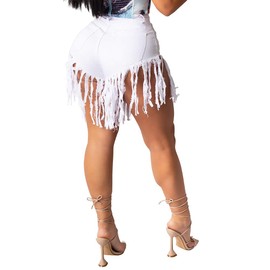 PINSV Women's Denim Shorts Summer High Waisted Frayed Raw Hem Ripped Tassels Sexy Short Pants Jeans White XL