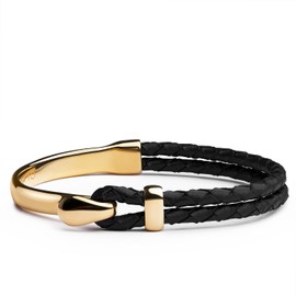 Elegatto Signature Gold Bracelet for Men | Braided Full-Grain Black Leather with 18k Gold-Plated Stainless Steel Hook Closure | Men’s Designer Jewelry Bracelets | Gold Small (6.5")