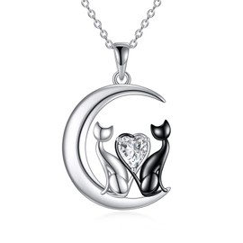 YAFEINI Cat Necklace for Women 925 Sterling Silver Moon Cat Pendant for Girls cubic zirconia Cat Jewellery Gifts