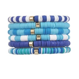 Pingyongchang Bohemian Colored Polymer Clay Bracelet for Women Heishi Clay Surfer Bead Stretch Bracelets Vinyl Disc Polymer Stackable Layering Bracelet Set for Women Summer Beach Jewelry-Blue