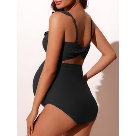 Summer Mae Ribbed Ruffle Maternity Swimsuit One Piece Cutout Pregnancy Bathing Suit Twist Back Swimwear Black 12