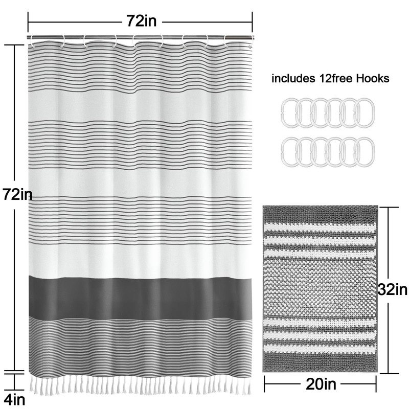 Awellife Dark Grey Bathroom Sets with Shower Curtain and Rugs