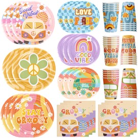 120Pcs Groovy Boho Party Supplies Hippie Daisy Party Tableware Set Including Plates Napkins Cups for Daisy Flower Birthday Party Hippie Party Decoration