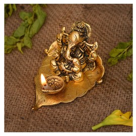 NOBILITY Diwali Bhai Dooj Gift Ganesha on Leaf Statue Ganesh Idol with Diya for Home Pooja Decorative Gifts Puja Items