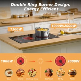 Karienvir 2 Burner Electric Cooktop 240V, 12" Electric Stove Two Burner Built-in & Countertop, 9 Power Levels Sliding Control, Timer, Safety Lock, Extended Zone, 3200W, Hard Wire(No Plug)