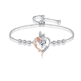 TOUPOP Diamond April Birthstone Bracelet Sterling Silver Rose Heart Diamond Bracelet Butterfly Chain Bracelet Jewelry Birthday Gifts for Women Her