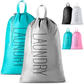 Handy Laundry Travel Laundry Bag - 2-Pack - Fun Print Design Bags for Dirty Clothes, Extra Large Capacity, Durable Water Resistant Fabric, Sturdy Drawstring Closure (Teal-Grey | Laundry)