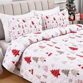 FRAMICS Christmas Quilt King Size 3 Pieces Christmas Tree Quilt Sets - Ultrasonic Quilting Technology White Bedspread with 2 Pillow Shams Holiday Christmas Bedding Set, 106" x 96"