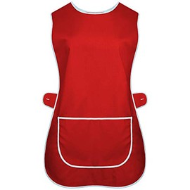 INDX Clothing Ladies Womens Tabard Kitchen Cleaning Chef Overall Catering Tabbard Apron with Pocket Side Button Fastening Plus Big Size S to 3XL (Red, XXOS / 2XL)