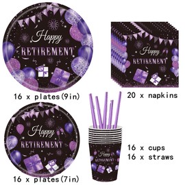 Happy Retirement Party Supplies, 84PCS 9in 7in Purple Happy Retirement Party Plates Napkins Cups Straws Retirement Party Tableware for 16 Guests