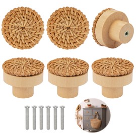 6 Pcs Wooden Drawer Knobs with 6 Pcs Screws, 4 x 3 cm Wooden Door Knobs, Vintage Boho Rattan Cabinet Knobs, Round Wooden Drawer Handles for Kitchen, Furniture, Cabinets, Cupboard