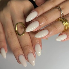 KQueenest 30 Pcs Beige White False Nails Short Almond Glossy Solid Color Full Cover Thick Press on Nails Short Stiletto, Soft Gel Acrylic Nails Press ons for Women Office Daily Finger Decoration