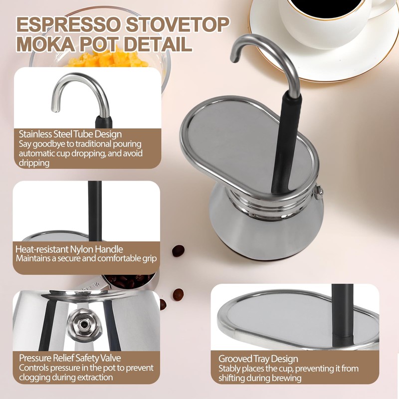 Uncoated 1 Cup Single Tube Moka Pot 304 Thickened Stainless