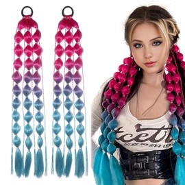 Colored Hair Extansions,2Pcs Gltyley 20" Lightweight Rainbow Bubble Ponytail Extensions for Kids,Braids Hair Extensions with Hair Tie,Crazy Hair Day,Festival Rave Accessories for Girls,Pink to Blue