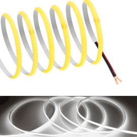 [RYE] COB Tape Light LED Strip Light Flexible High Density 0.2 inch (5 mm) Wide Hidden LED Tape Light 0.5 m 320 LEDs/M White Light 6000K DC12V 180° CRI>=90, Double Sided Tape Transformable, Cutable, Connected to Black and Red Wire, Bedroom, Kitchen, Home