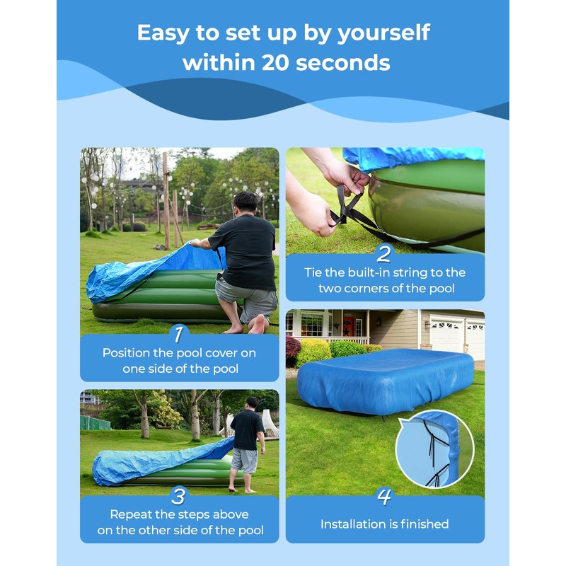 Reinmoson Inflatable Pool Cover Rectangular Fits Pool Under 130" L