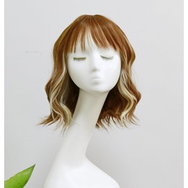 Short Bob Wavy Curly Wigs Ginger Brown Blonde Highlights Wigs With Bangs Heat Resistant Syntheitc Wig For Girls Fashion Costume Wig Beauty Party Wig
