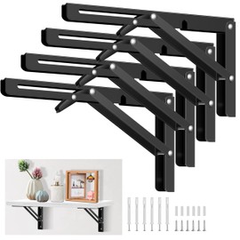 12 Inch Folding Shelf Brackets, Pynsseu Heavy Duty Stainless Steel Collapsible Black Shelf Bracket, DIY Triangle Folding Shelf Bracket Wall Mounted for Table Work Bench Space Saving, 4 Pack