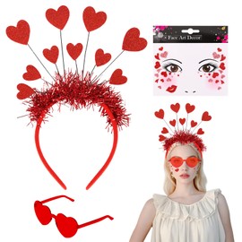 Amor Costume Glasses Accessories, Heart Headband Red, Glitter Heart Headband with Heart Face Sticker, Valentine's Day Headband Sunglasses, Heart Headband Women's Accessories for Valentine's Day,