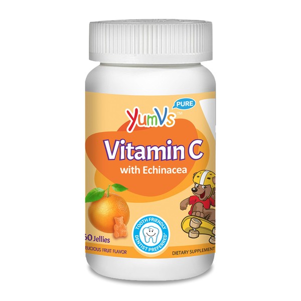 YUM-V's Vitamin C Chewable Jellies (Gummies) for Kids, Orange Flavor; Daily Dietary Supplement for Children with Echinacea, Kosher/Halal, Gluten-Free (60 Count)