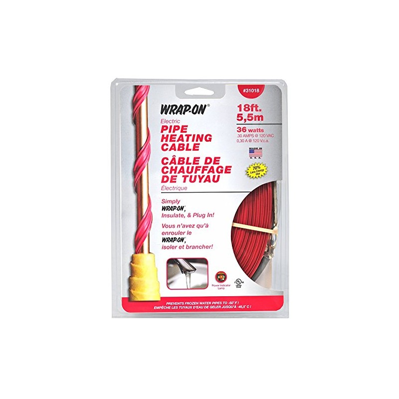 Wrap-On Pipe Heating Cable - 18-Feet, 120 Volt, Built-in Thermostat,