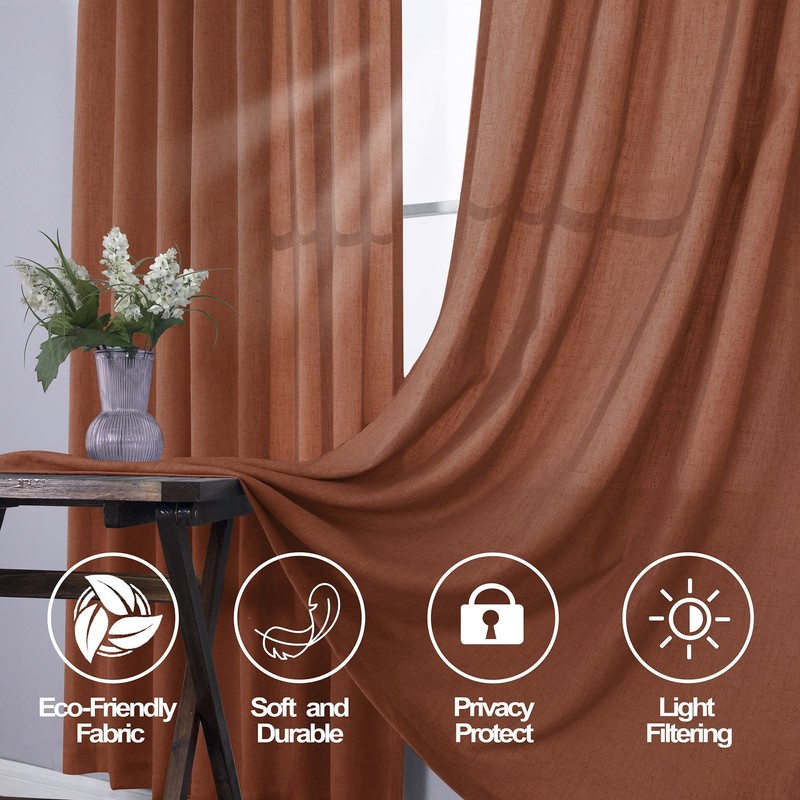 Mrs.Naturall Terracotta 36x72 Inches Long Back Tab Linen Blend Sheer