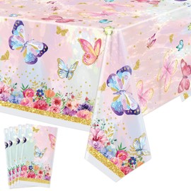 XJLANTTE 4 PCS Butterfly Birthday Tablecloth Decor Butterfly Plastic Table Cover，Rectangular Watercolor Tablecloth Girl Baby Shower，Spring Themed Party Supplies，51 x 86.6 Inch，Pink Butterfly