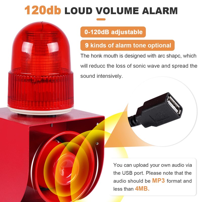 Saladulce 120dB Adjustable Loud Siren Alarm, Industrial Sound & Light