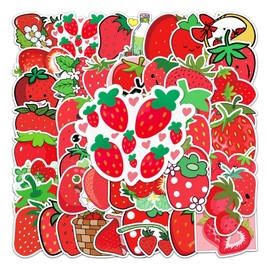 50 Pcs Strawberry Stickers Cartoon Cute Fruit Sticker for Water Bottle Skateboard Laptop Scrapbook Phone Luggage Bike Car Computer,Vinyl Waterproof Red Stickers for Teens Girls Kids