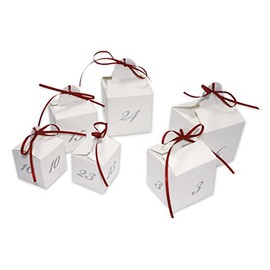 24 Adventswürfel zum Befüllen, 24 Bedruckte Boxen aus hochwertigem Strukturkarton mit Satinschleifen, zum Befüllen, Würfel in den Größen 5/6/7 cm