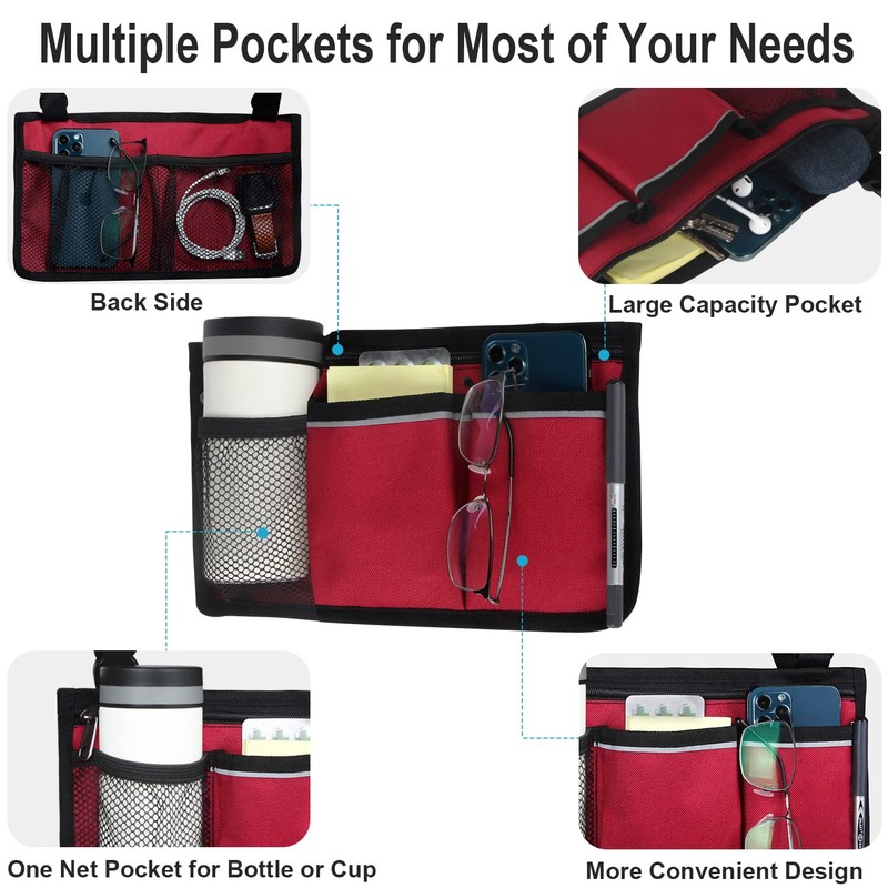 Wheelchair Side Organizer Storage Bag Armrest Pouch with Cup Holder