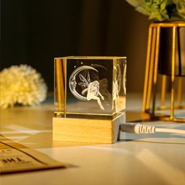 LONGWIN 3D Crystal Fairy Figurines Gifts Led Night Light, Glass Laser Engraved Crystal Gifts Fairy & Moon 50mm Cube Gifts for Women Girlfriend Daughter Birthday Valentines Day Mothers Day Christmas