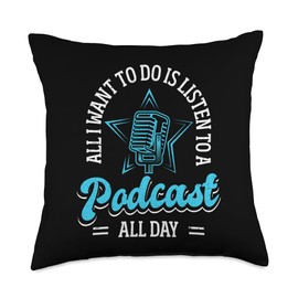 Fan Podcast Host Podcasting Retro Microphone Tees Funny Host All I Want to Do is Listen to A Podcast Throw Pillow, 18x18, Multicolor